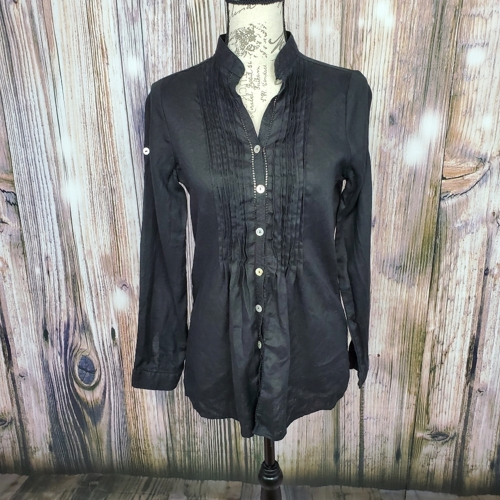 Black Linen Mandarin Collar Button Front Blouse